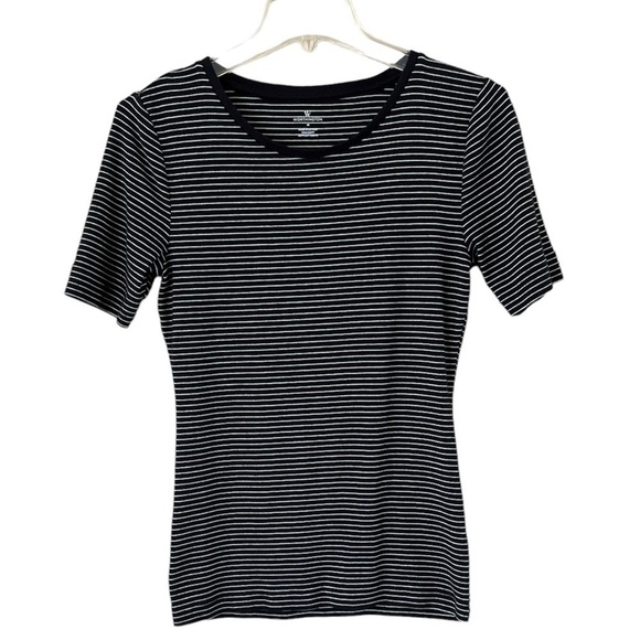 Worthington short sleeve black white stripe shirt size medium fitted crewneck - Picture 1 of 11